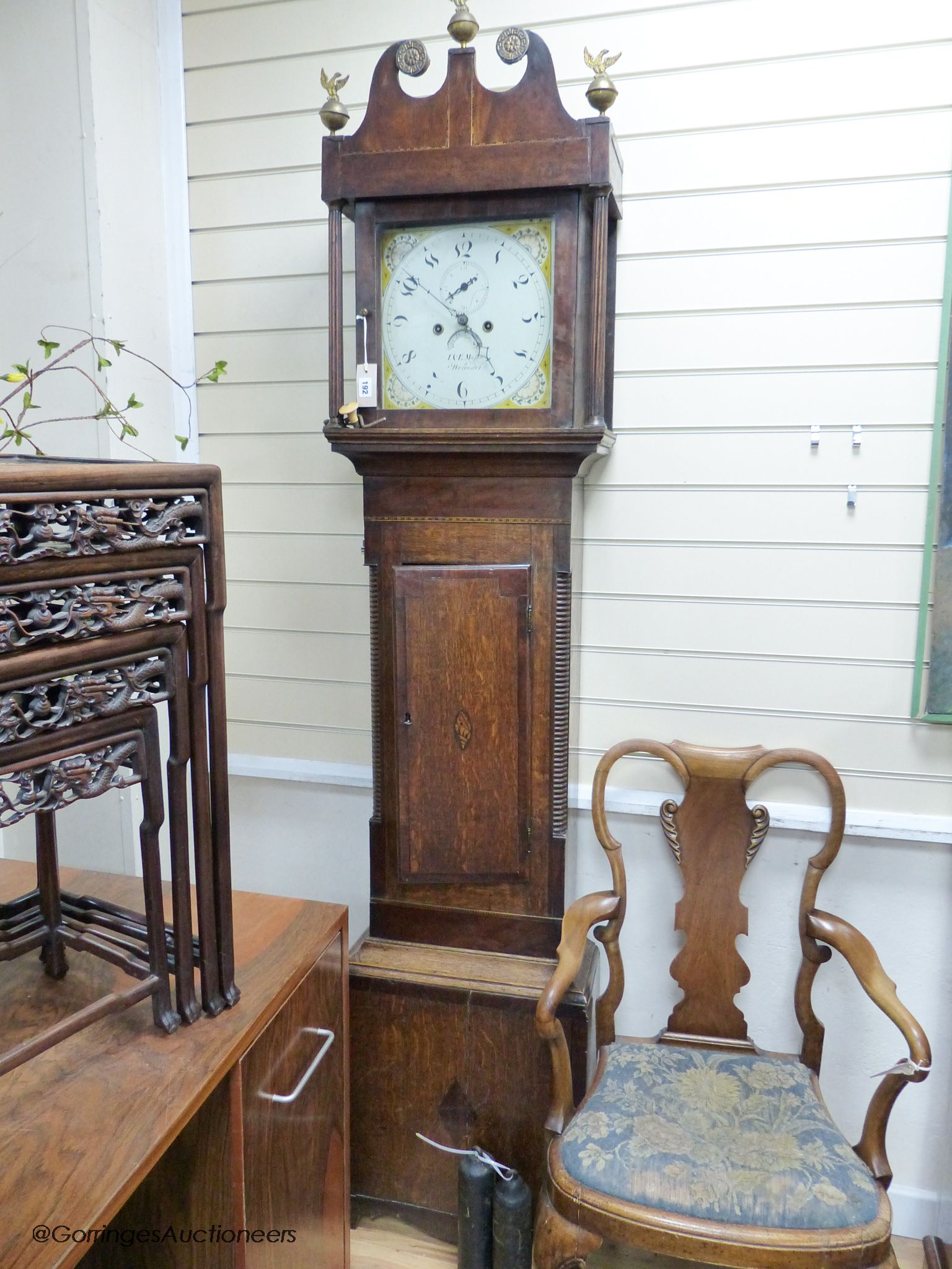 An oak 8-day and mahogany banded longcase clock, The painted dial signed I.& E.Mason Worcester, 219 cm high